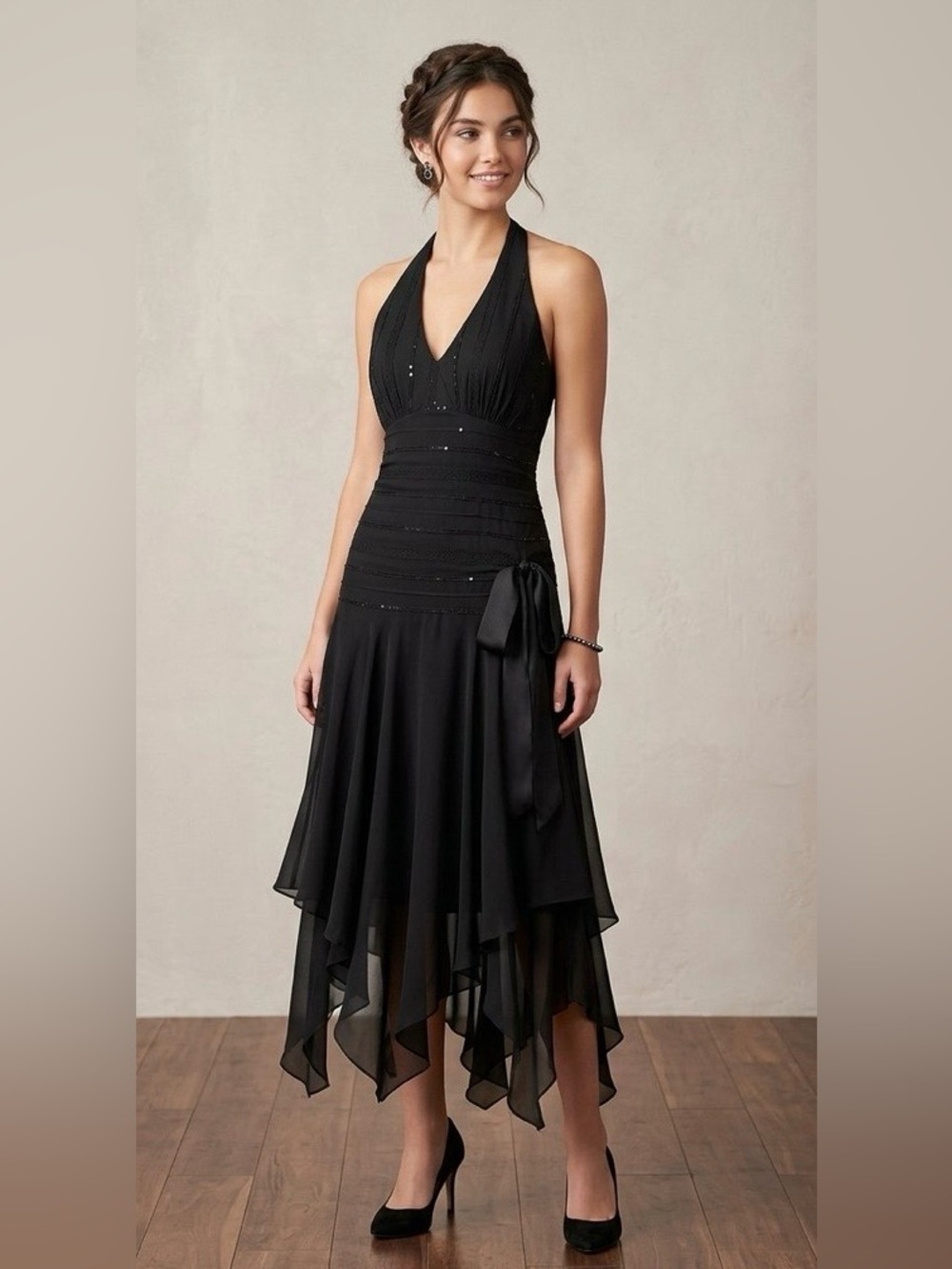 VTG Y2K Midi Halter Slip Dress Black 11/12 Cocktail Beaded Asymmetric Sheet Hem